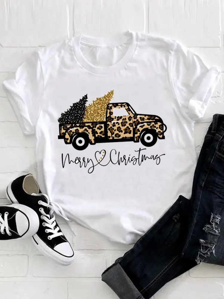 Merry Christmas Fashion Women Graphic T-shirts Printing Leopard Truck Trend 90s Clothing New Year Print Short Sleeve Top Tee