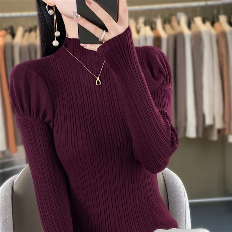 Women's boutique semi high neck sweater autumn and winter knitted cashmere sweater Women's solid color pullover long sleeved top