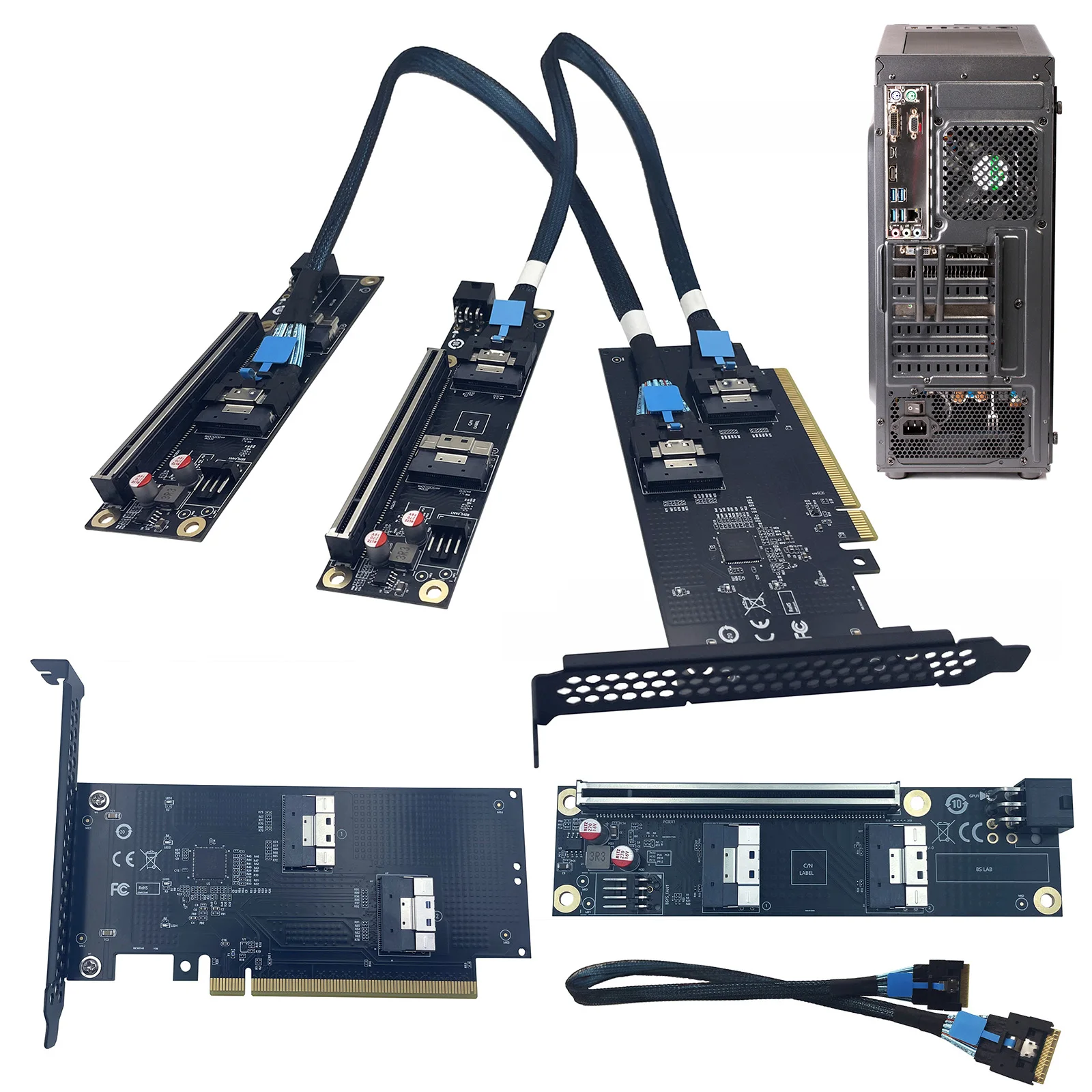 PCIe To SlimSAS Riser Heat Dissipation Design GPU Expansion Card Dual Power Supply (PCIe + 6PIN DC) for Multi-Device Connection