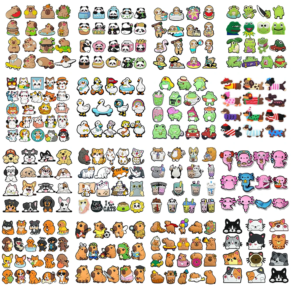 12-25pcs Animal Series Dog Shoe Charms Cute Cat Frog Capybara Shoes Accessories Decorations Buckle Fit Clog Sandals Wristband