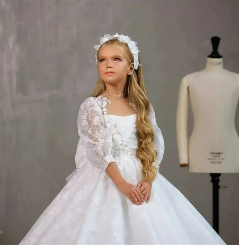 Robe de fille en tulle moelleux blanc avec appliques en dentelle, fleur de luxe, robe de fête d'anniversaire pour enfant, cadeau de mariage, première main, chariste