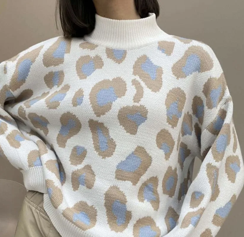 Imagem -02 - Camisola Feminina com Gola Alta Estampa Leopardo Pulôver de Mangas Completas Tops de Malha Espessa Suéteres Novos com Gola o Outono e Inverno 2023