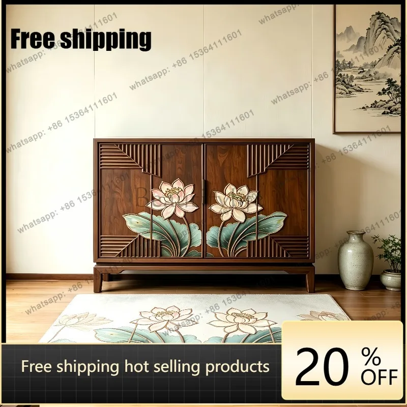 YJ New Chinese Style Solid Black Walnut Sideboard Painted Carved Storage Cabinet Entryway Cabinet Customizable