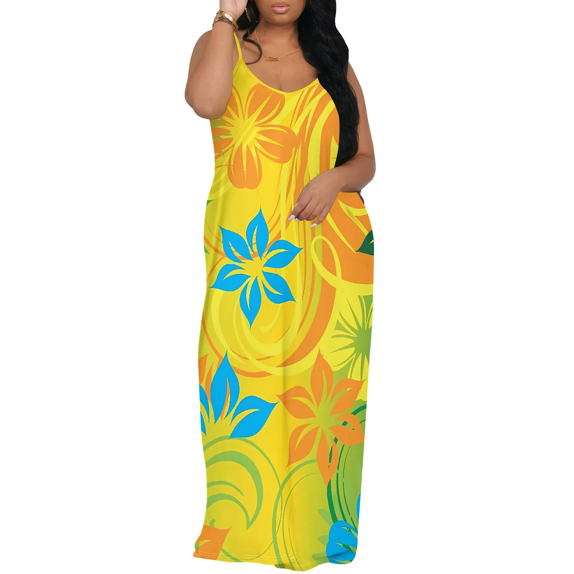 Nupusa Floral Swirl Print Dress for Women Regular Size Summer Casual Spaghetti Strap Maxi Dress