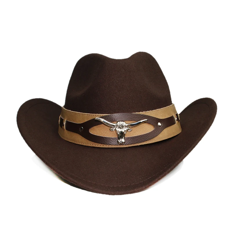 Retro Big Oxhead Leather Band Women Men /Kid Child Wool Wide Brim Cowboy Western Hat Cowgirl Bowler Cap  (54-57-61cm)