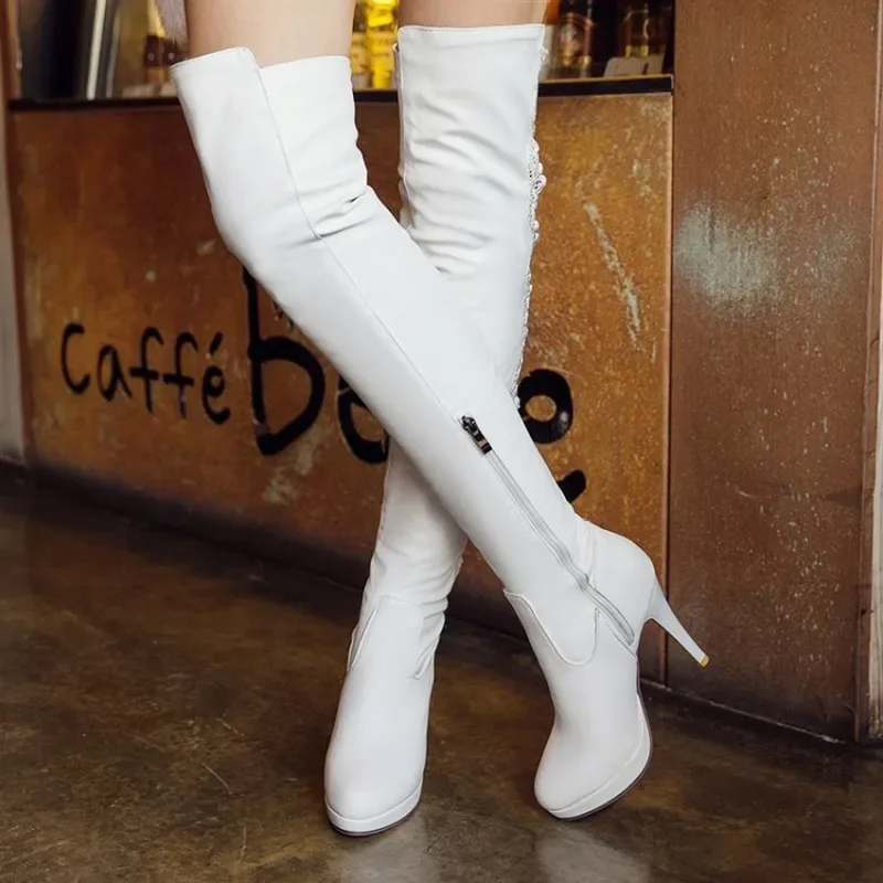 winter The New fashion Round head Fine heel Over the knee Boots Night club Lace Sexy Plus velvet Keep warm High heel Women boots