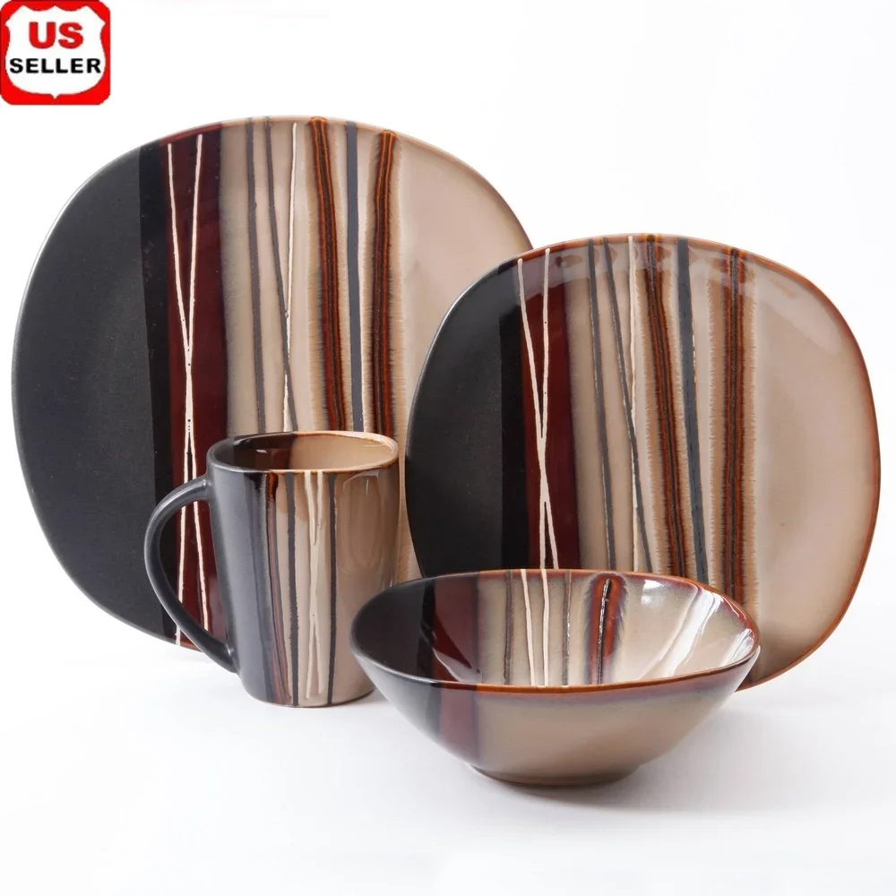 

Stoneware Dinnerware Set 16 Pieces Service 4 Unique Reactive Glaze Hand-Drawn Design Dishwasher Microwave Safe Durable Plates