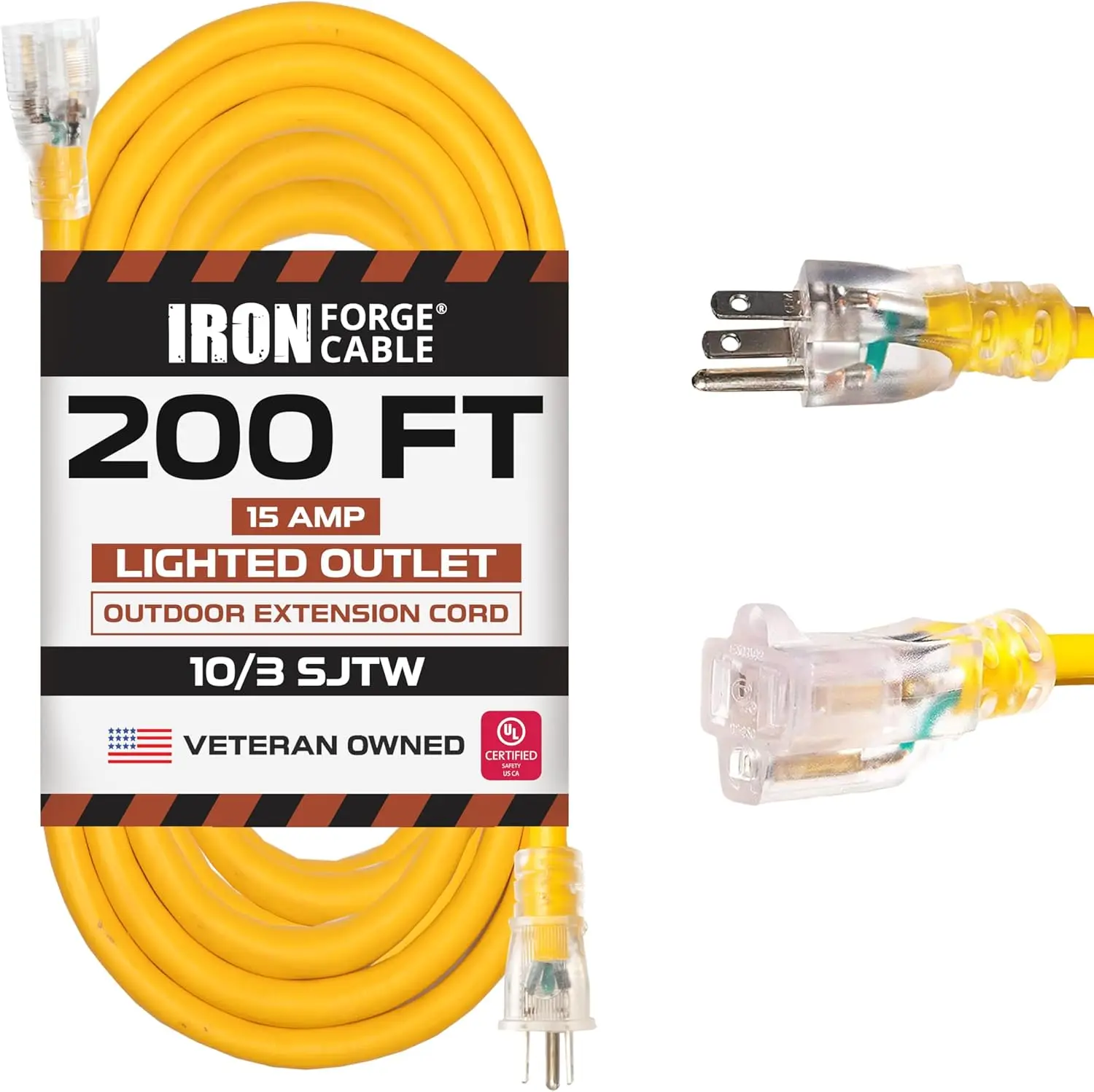 Iron Forge Cable Lighted Outdoor Extension Cord 200 ft - 10 Gauge 15 Amp Heavy Duty Power Extension Cords  - Great