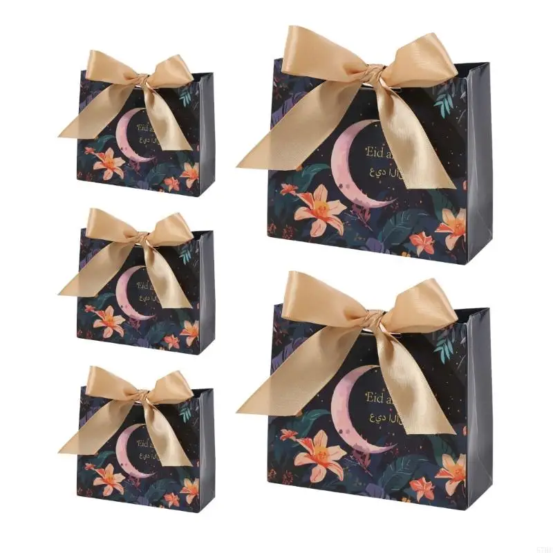57BE Pack of 50 Eid Mubarak Reusable Gift Bags with Ribbon Bows Ornament for Wrapping Gifts and Party Celebration