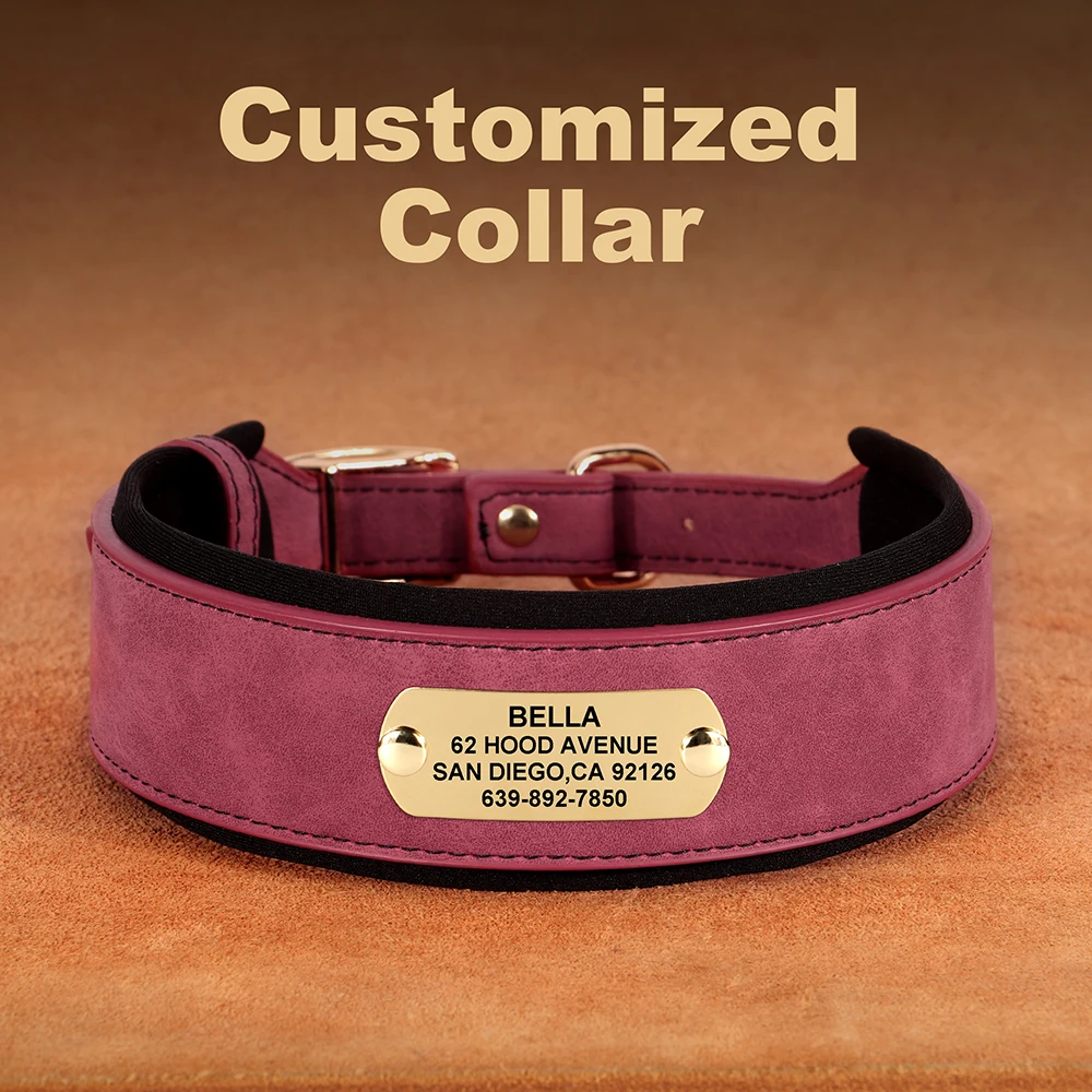 Personalisiertes breites Hundehalsband aus PU-Leder, individuelle Hundehalsbänder, gepolstertes Haustierhalsband für kleine, mittelgroße und große Hunde, Pitbull Buldog – Detail 16