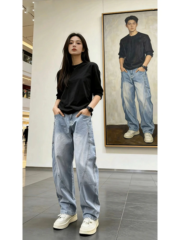 

Light Blue Washed Knife Men's Denim Jeans American Style Slant Cut Wide Leg Workwear Trendy High Street Straight Leg Pants
