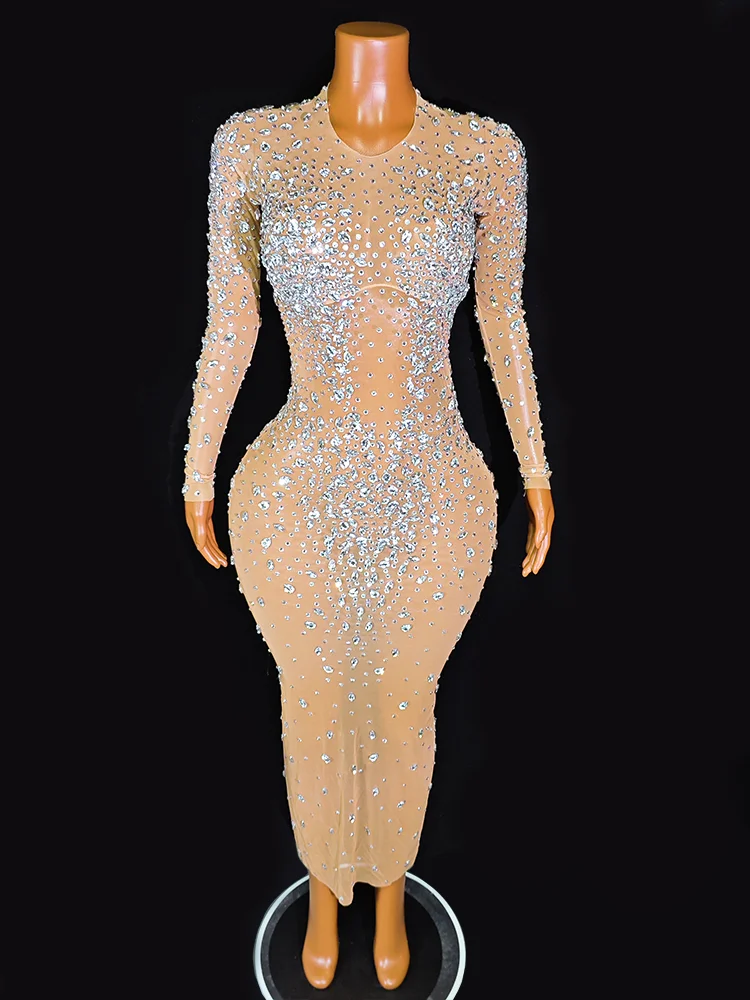 

Women's Evening Rhinestone Long Dress Celebrate Birthday Singer Prom Performance Drag Queen Stage Outfit Gogo Dance Costume Club