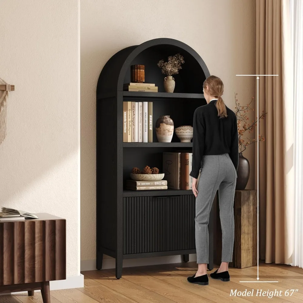 5-Tier Tall Arched Black Bookshelf with Fluted Doors and Shelving, Display Cabinet for Home and Office