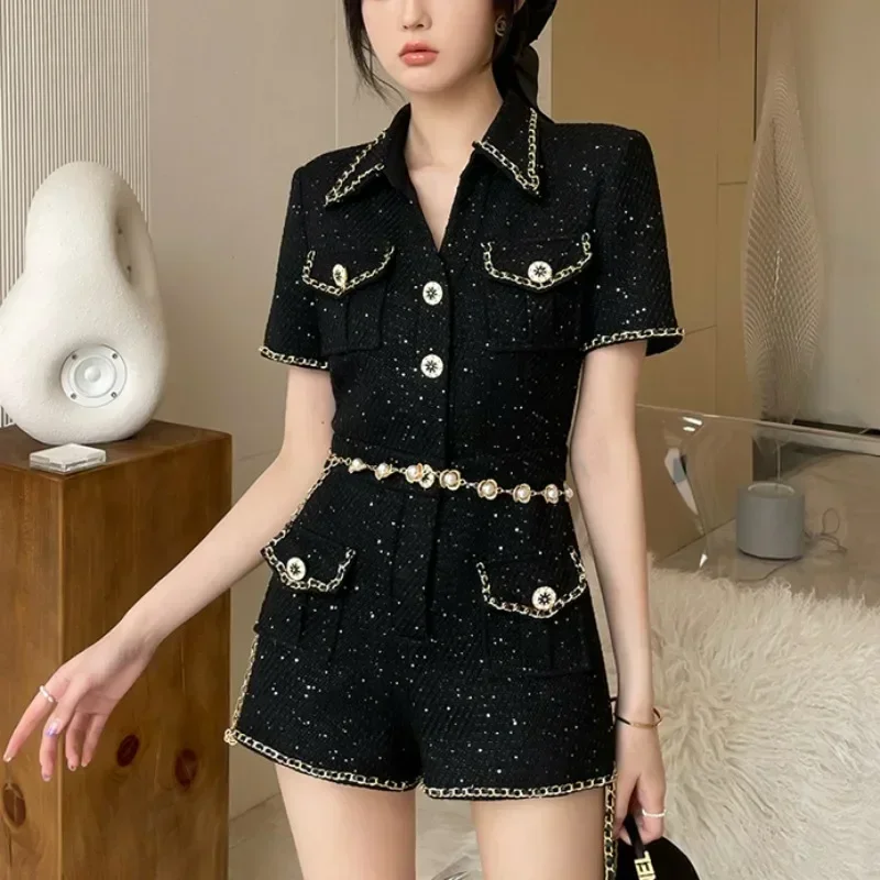 

Turn Down Colla High Quality Small Fragrance Bodysuit Vintage Wide Leg Shorts Jumpsuit Shiny Single-breasted Slim Chic Romper