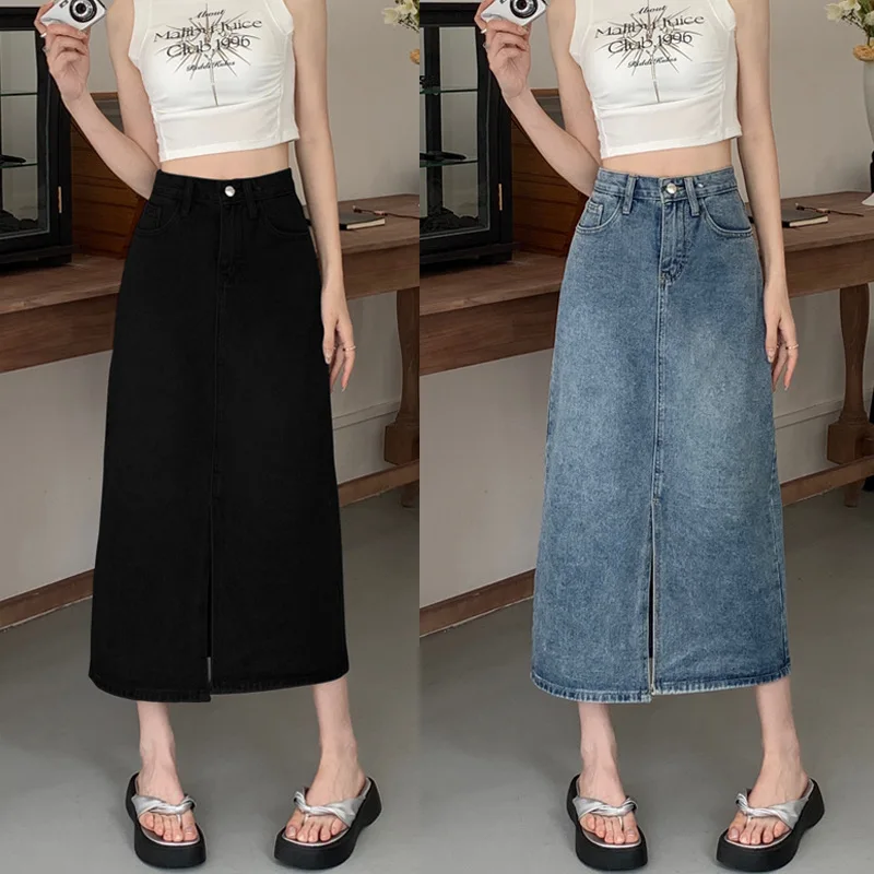 Summer Denim Skirt Women Japanese and Korean Fashion Casual Simplicity Large Size Long Section High Waist Split Skirt Long Skirt