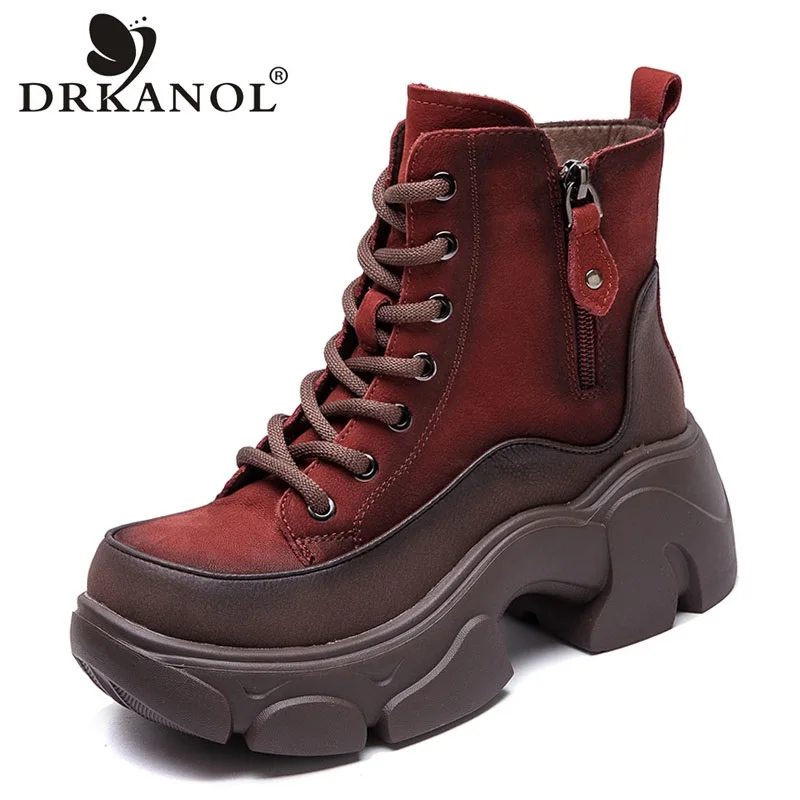 

DRKANOL 2025 Winter Warm Natural Wool Snow Boots Women Mixed Colors Genuine Cow Leather Thick High Heel Platform Fur Ankle Boots