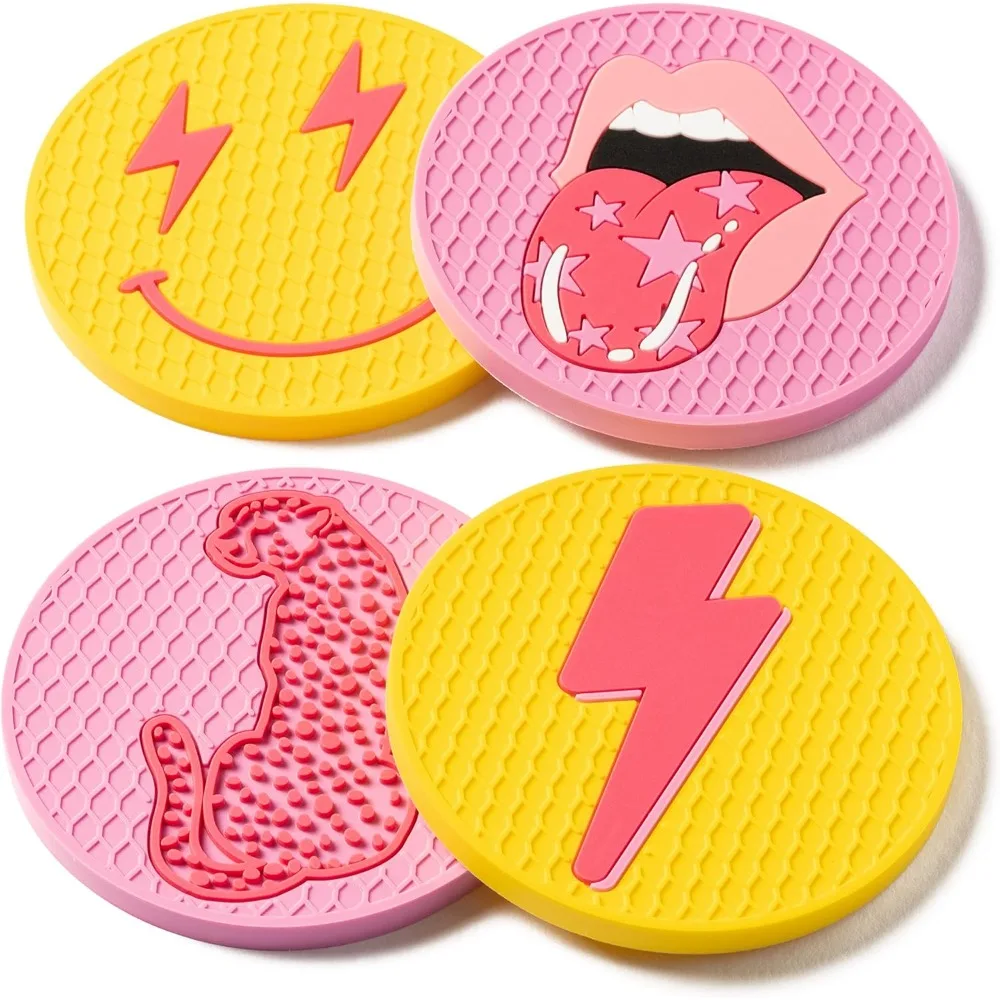 

4Pcs Car Cup Coaster Smile Face Lightning Bolt Leopard Lip Silicone Drink Coasters Non-Slip Heat Resistant Mugs Mat Cup