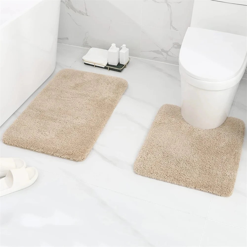 Homaxy 2Pcs Bath Mat Set Soft Fluffy Plush Bathroom Floor Mats Carpet Shaggy Absorbent Shower Rug Non-Slip U-Shaped Toilet Rug