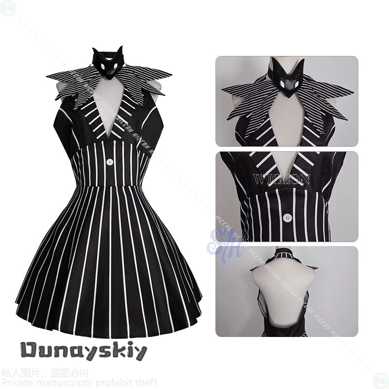 فستان أنيمي أنيمي الهالوين للحفلات التنكرية {NinoNiko Cosplay} Skully Genderswapped أسود أبيض مخطط بدون أكمام بدون ظهر #4