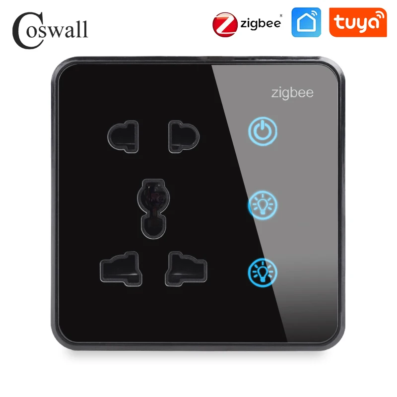 Coswall Glass Panel ZIGBEE / WIFI Tuya Universal Socket +2 Gang On/Off Touch Switch With One-Key Main Switch