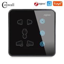 Pannello in vetro Coswall ZIGBEE / WIFI Tuya presa universale + interruttore tattile On/Off a 2 Gang con interruttore principale a una chiave