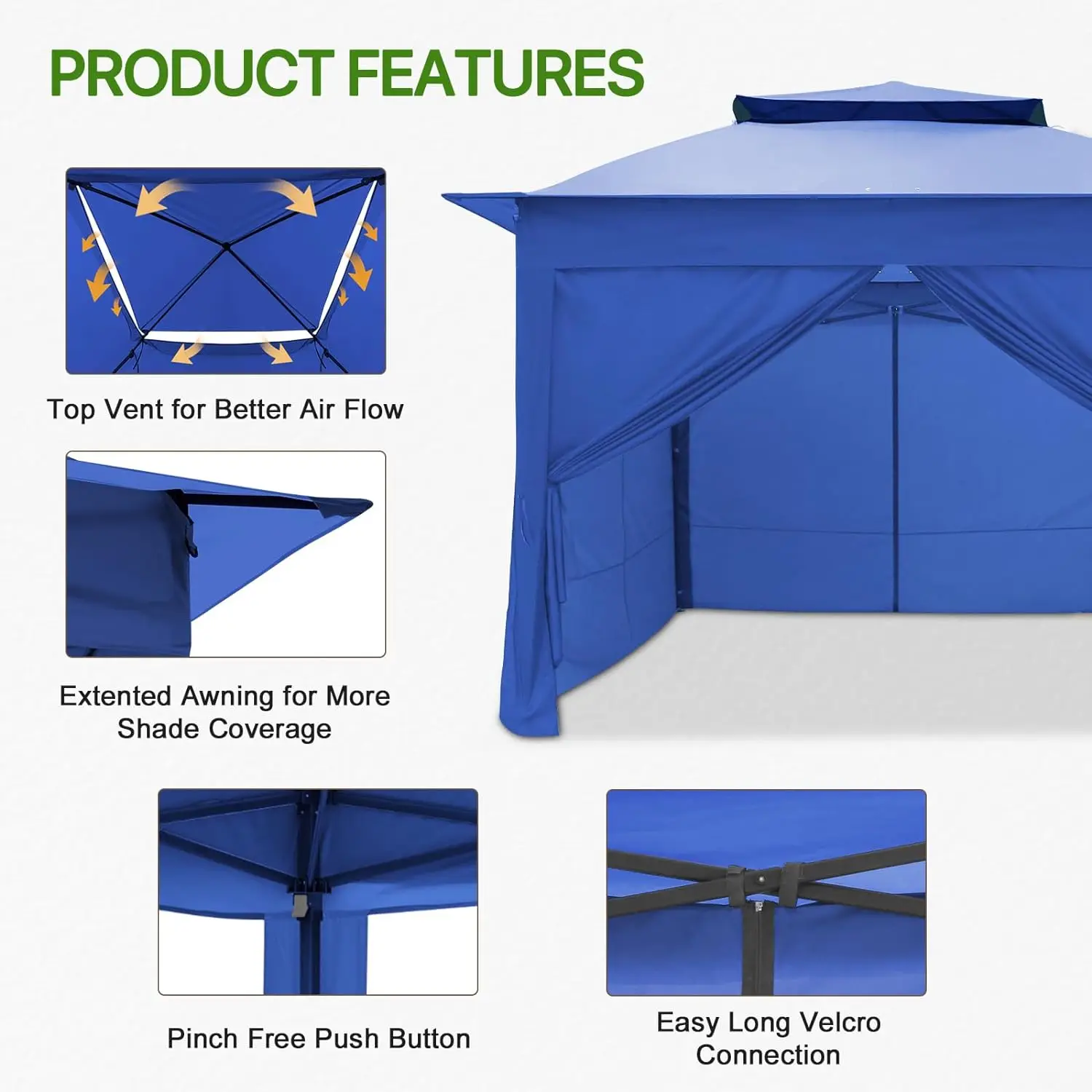 COOS BAY 11x11 Pop-up Instant Gazebo Tent with 4 Sidewalls Outdoor Canopy Shelter with Carry Bag, Stakes and Ropes, Blue