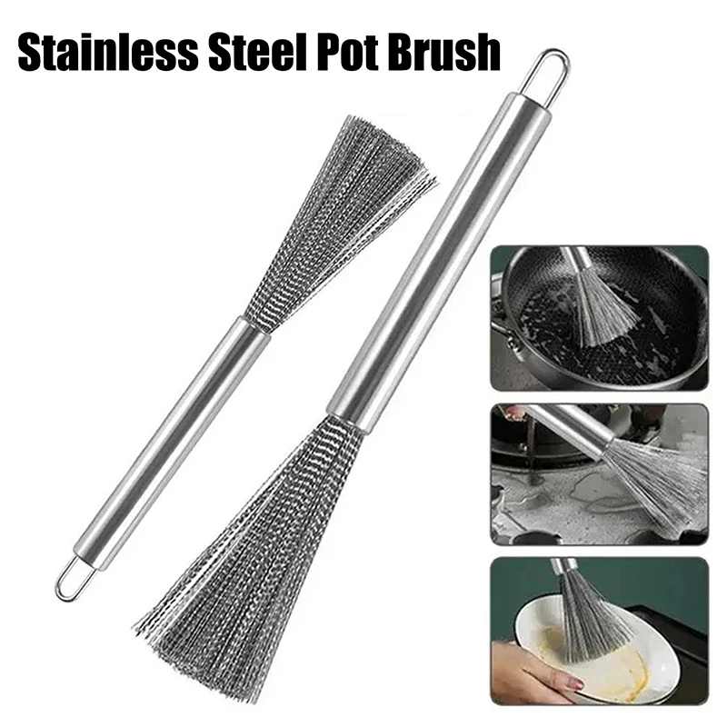 

Stainless Steel Pan Brush With A Long Handle Dishwashing Brush Pot Cleaner Strong Decontamination Hangable Kitchen Clean Tools