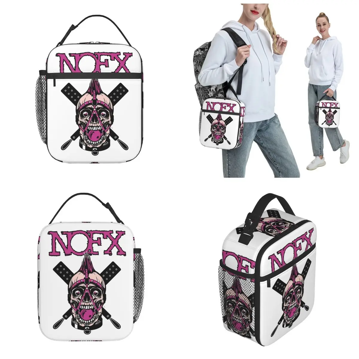 Bolsas de almuerzo con aislamiento térmico para el trabajo, contenedor de alimentos portátil, enfriador térmico, rosa, Calavera, Nofx, banda Punk