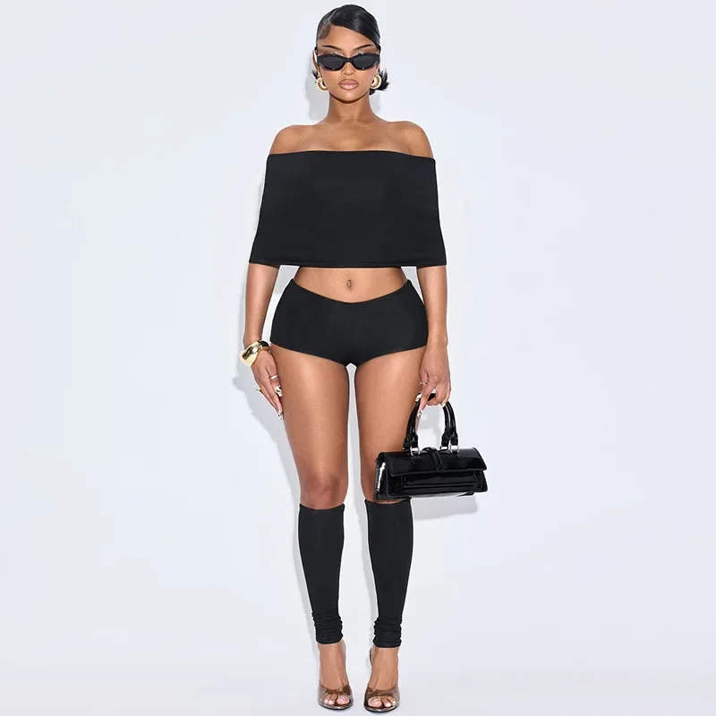 

2025 Simple Trend Slash Neck Mid Sleeve Crop Tops New Fashion Summer Streetwear Outfits 2 Piece Set Women Short Sets