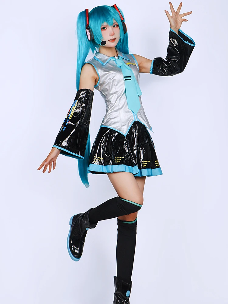 Miku Cosplay Komplettset Silber Leder Stoff Anzug Miku Cosplay Kopfbedeckung Kostüm Outfit JK Matrosenkleid High School Uniform Hallow