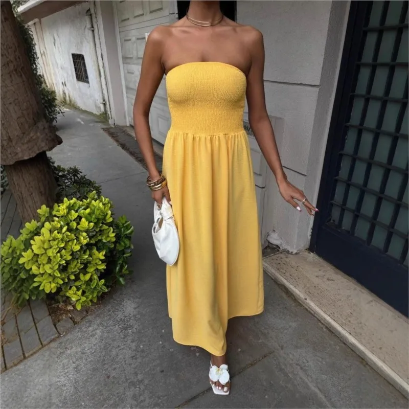 

Sexy Strapless Dress Women's Summer Beach Vacation A-line Long Dresses Fashion Solid Color Simple Style Ladies Elegant Vestidos