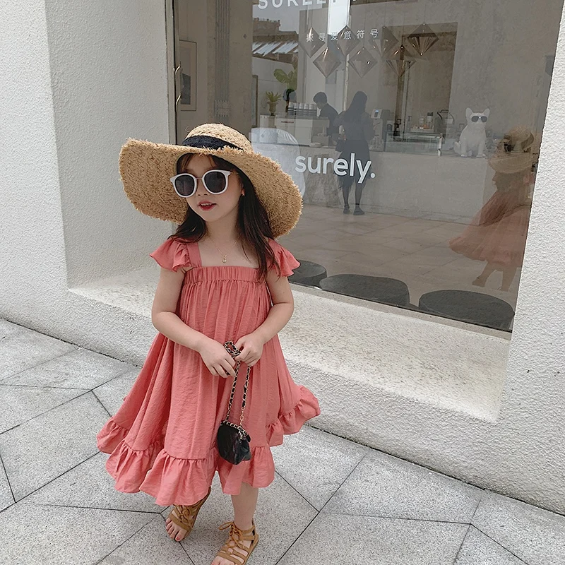 Children Summer Girls Casual Dress Solid Sleeveless Patchwork Ruffles Girls Dresses Clothes Square Collar Folds Princess Dress