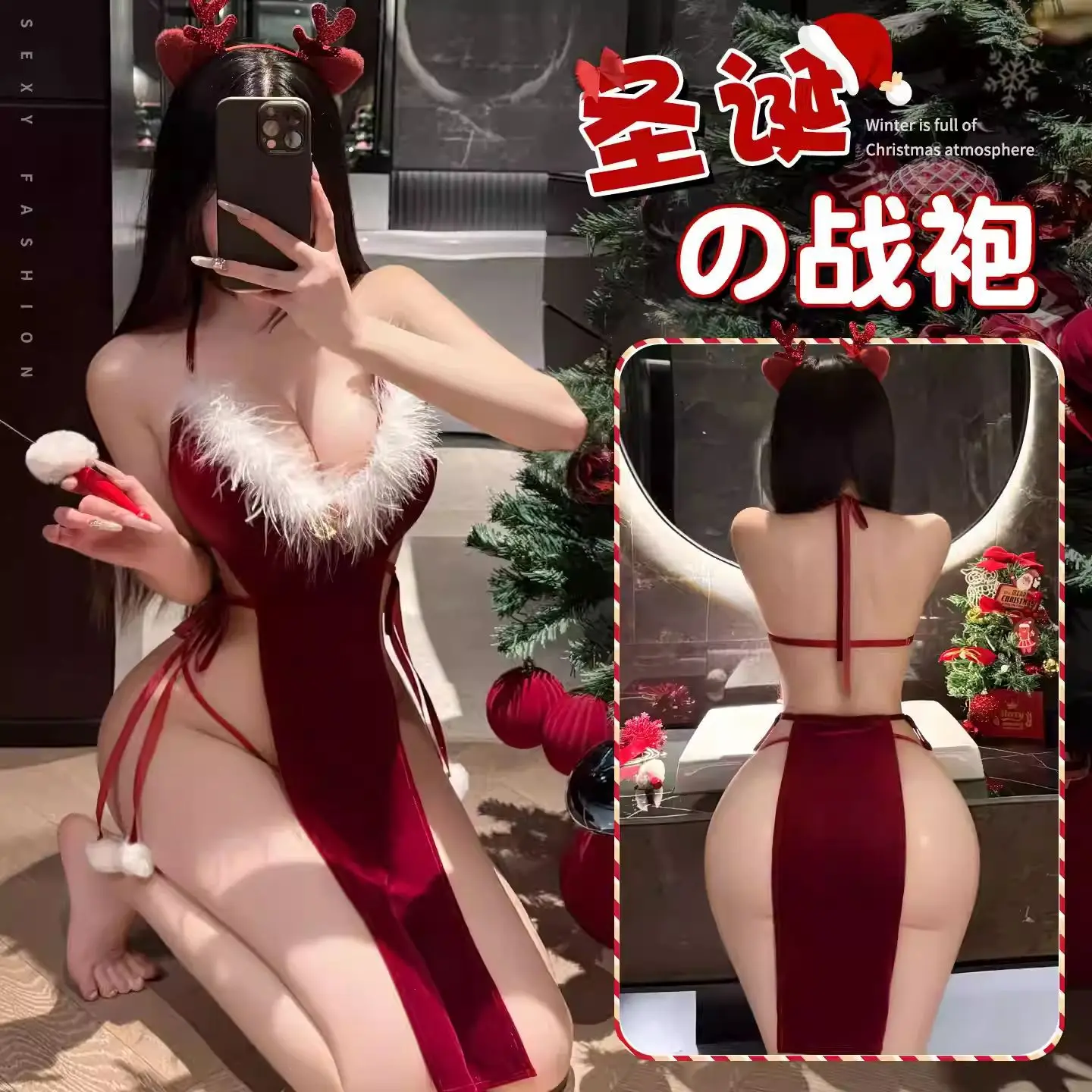

Wholesale Women's Sexy Red Christmas Lingerie Dress Babydoll Cosplay Santa Claus Party Outfit Xmas New Year Fliter Nightwear
