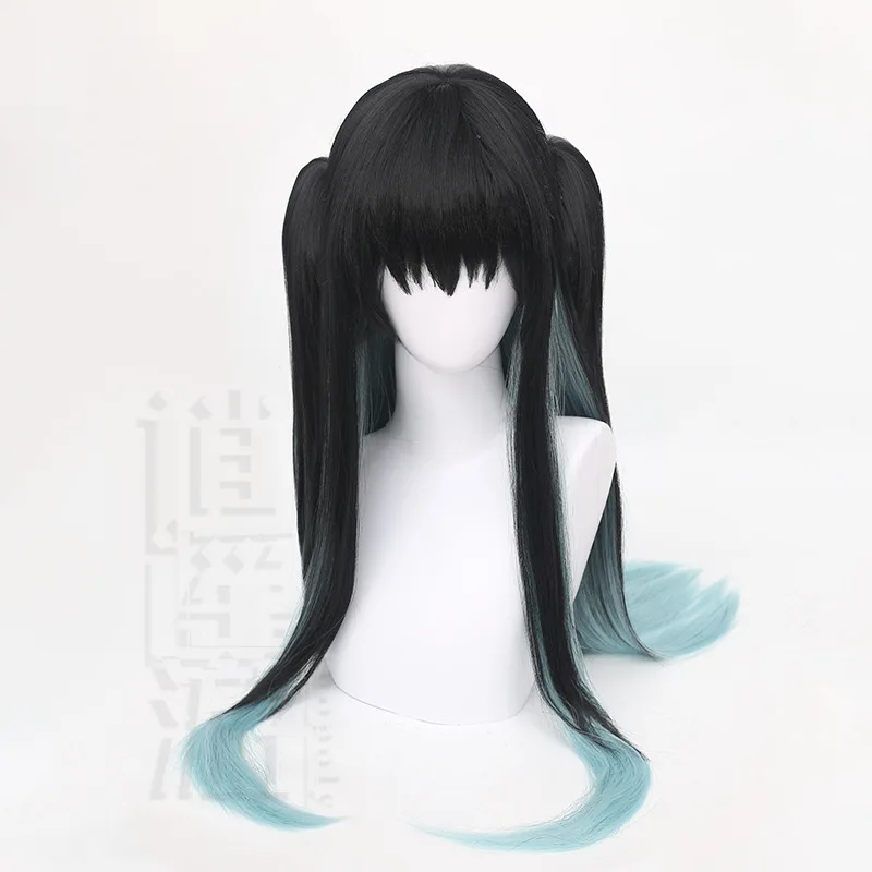 Mignon Tokito Muichiro Cosplay Wig Mist Pillar Black Gradient Twin Tails Tiger Clip Halloween Gift