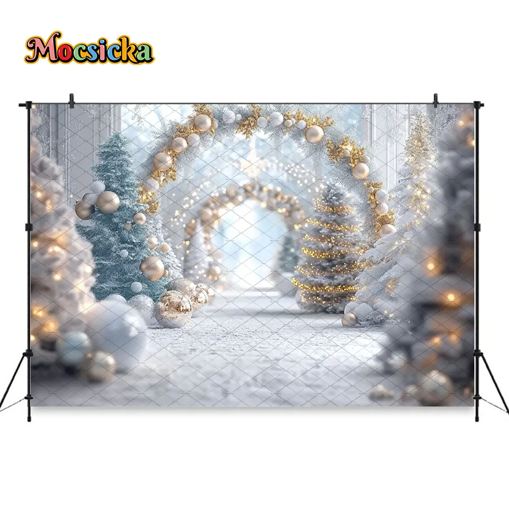 Mocsicka Blue Christmas Wonderland Background Photography Archway Wreath Balloon Snow Frozen Backdrop Winter Kids Photo Studio