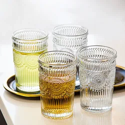 12oz 4pcs Sets Glass Cups Embossed Design Coffee Cup Heat Resistant Retro Transparent Tea Cup Set Glasses Household Drinkware
