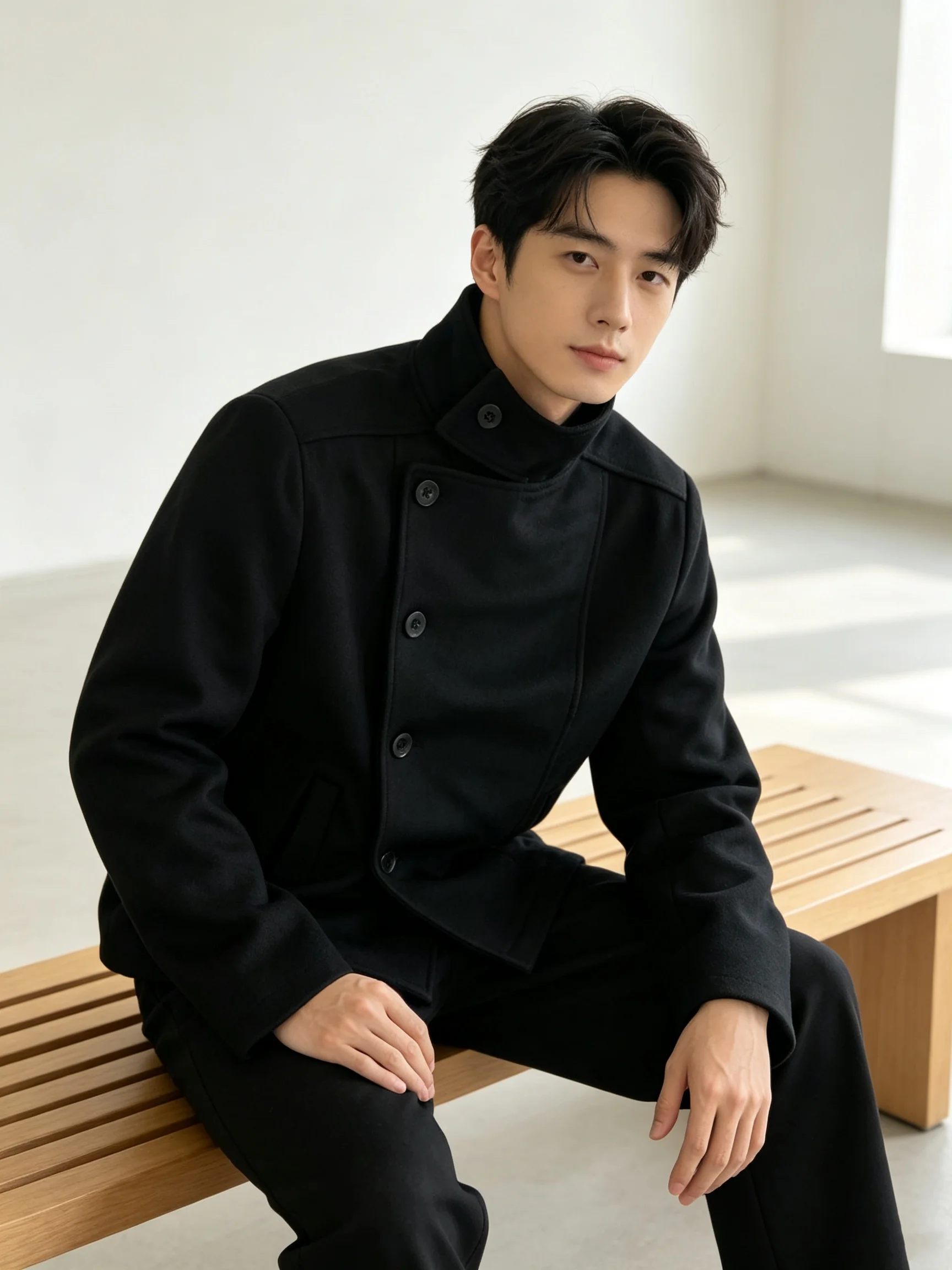 Korean style diagonal buckle stand up collar simple black casual versatile and slimming commuting unisex jacket