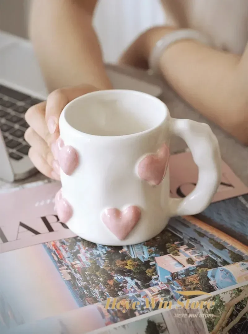 3D Heart-shaped Design Vintage Ceramic Mug, Cute Large Capacity, 3D Embossed Coffee Cup, Kitchen Drinkware Set