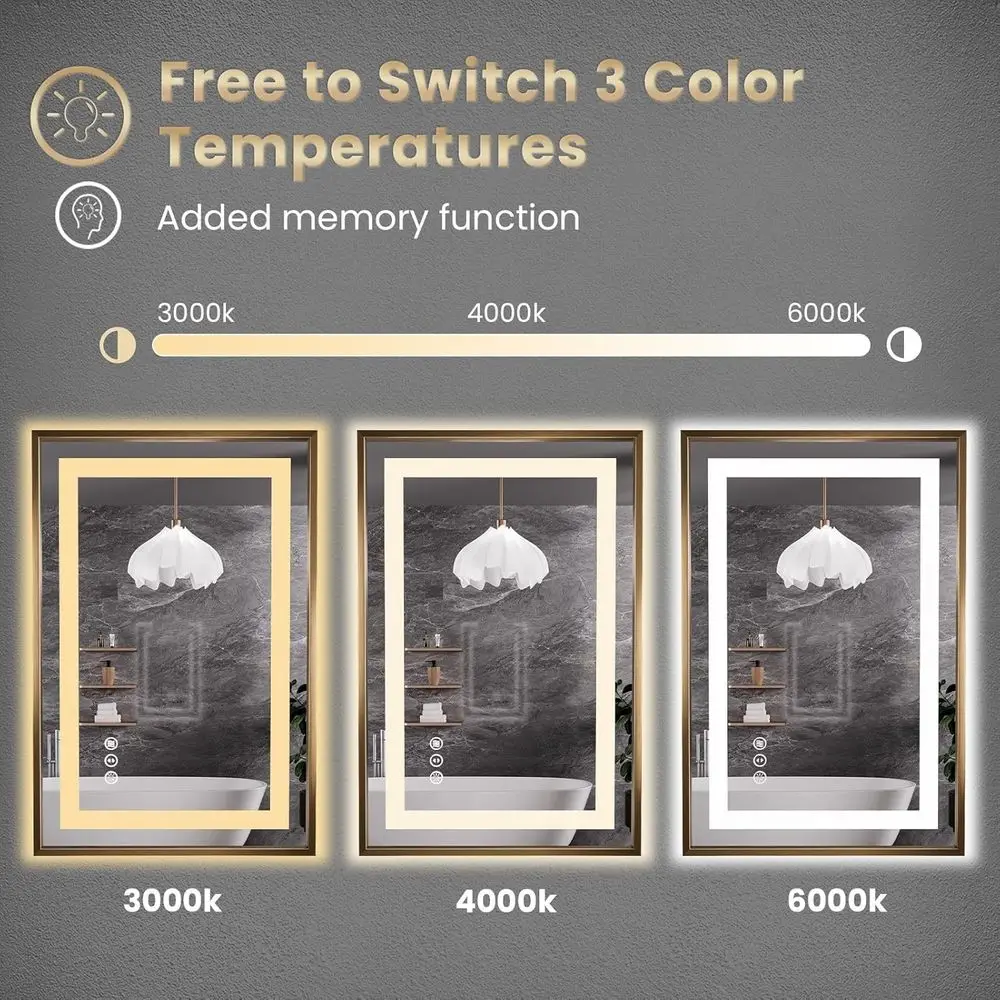 Miroir de salle de bain LED encadré doré avec éclairage avant, rétroéclairé, variable, antibuée, incassable, 3 options de couleurs, 28 x 36