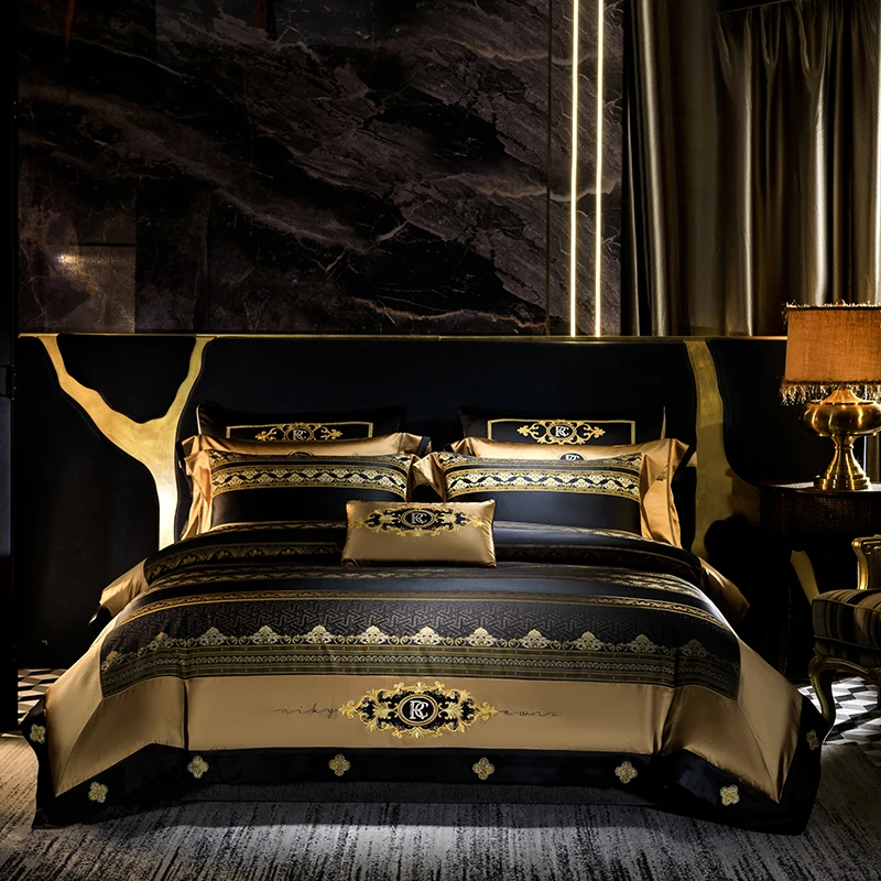 

4/6/9Pcs European Luxury Embroidery Brocade Jacquard Egyptian Cotton Bedding Set Soft Silky Duvet Cover Bed Sheet Pillowcases