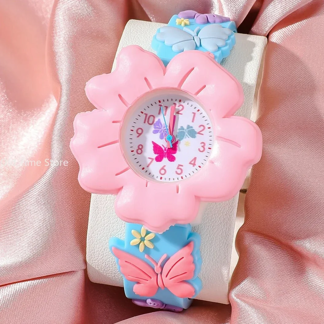 Reloj de dibujos animados de flores y mariposas para niños, patrón 3D, PVC, adhesivo suave, amigable con la piel, reloj de aprendizaje para niños, nuevo