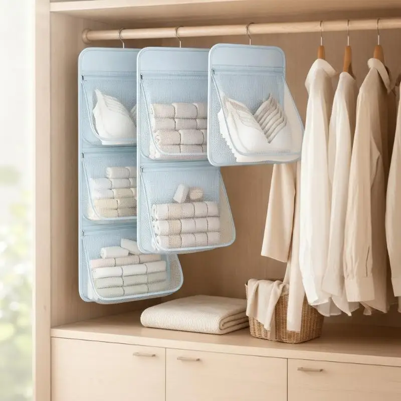 Hanging Wardrobe Storage Bag Breathable Mesh Pockets Large Capacity Dust Resistant for Seasonal Clothes Storage