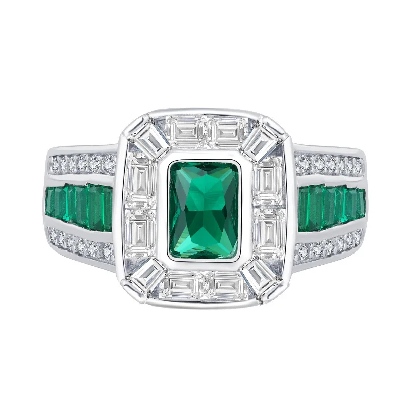 

S925 Silver Treasure White Diamond Green Diamond Classic Square Diamond Emerald Ring Female Lead Stone 5 * 7