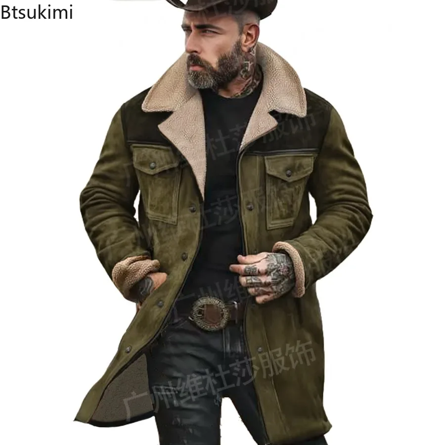 New Autumn Winter Men's Suede Color Matching Jackets Multi-pocket Lapel Casual Windproof Outerwear Vintage Warm Men Trench Coats