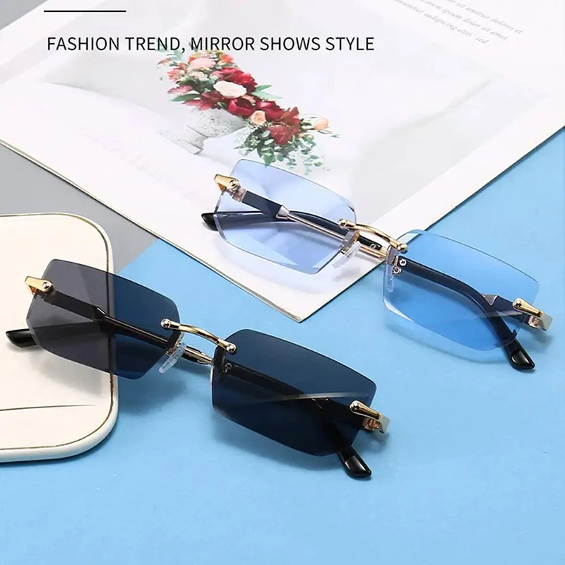 Rimless Sunglasses Rectangle Fashion Popular Women Men Shades Small Square UV400 Sun Glasses For Female Male Traveling