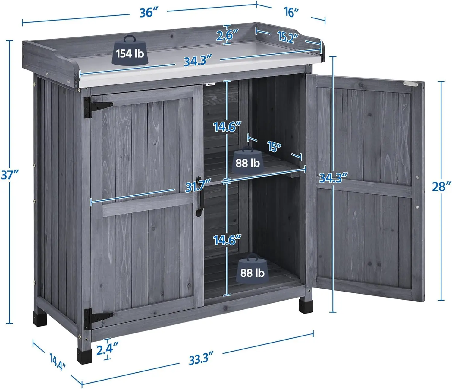 Pottafel-Houten Opbergkast Met Afneembare Plank En Flexibele Ruimte En Met Metaal Bekleed Tafelblad Voor Buitentuin