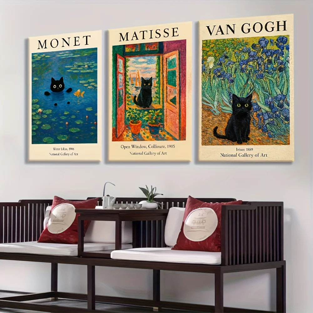 3pcs Set Wooden Frame Canvas Paintings, Classic Art, Black Cat Creative Prints by Van Gogh, Matisse, Monet Famous Artist Edit