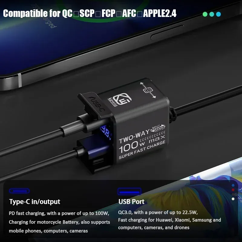 Motorcycle USB Phone Charger 100W Super Fast Emergency Two-Way Charging PD & QC3.0 Moto Battery Charger & Voltmeter For iPhone - náhled 2