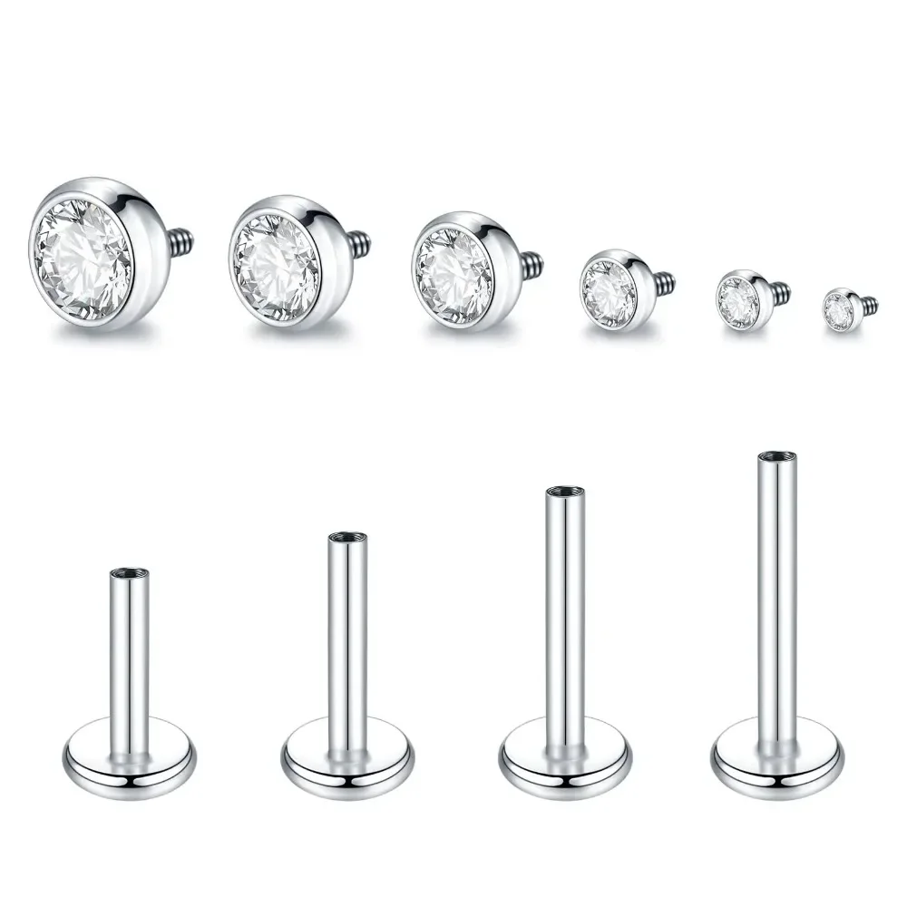 6pc 2/2.5/3mm Crystal 16g Steel Labret Stud Monroe Lip Ring 6/8/10mm Bar Nose Ear Stud Internally Threaded Piercing