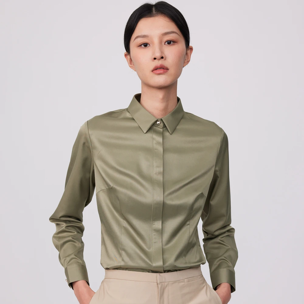 Ladies Office Silk Touch Smooth Long Sleeve Blouses Shirt Without Pocket Women\'s Concealed Buttoned Placket Casual Slim Shirts